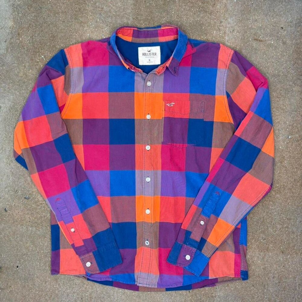 Hollister Plaid Button Up Shirt Mens XL Multicolor Pink Blue Orange Long Sleeve